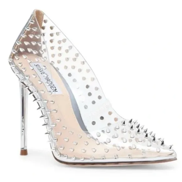STEVE MADDEN Vala -S Clear Silver Spiked Studded Pointed Pumps Heel Sz 8
