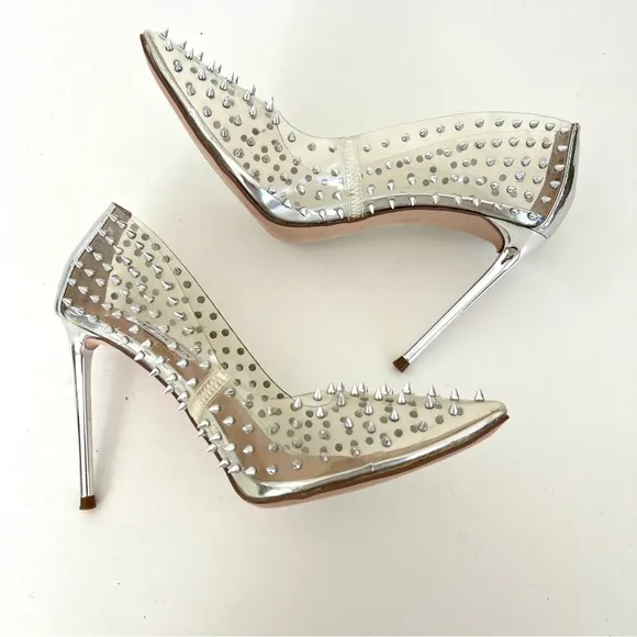 STEVE MADDEN Vala -S Clear Silver Spiked Studded Pointed Pumps Heel Sz 8