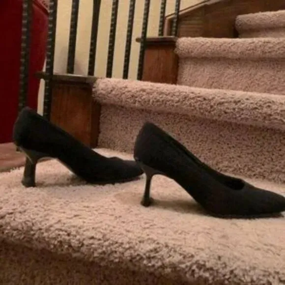Stuart Weitzman Black Ruched Fabric Black Patent Heels Pumps 8