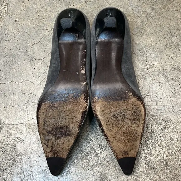 Stuart Weitzman, charcoal suede, and Patent pumps