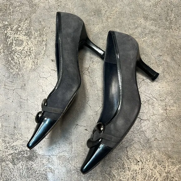 Stuart Weitzman, charcoal suede, and Patent pumps