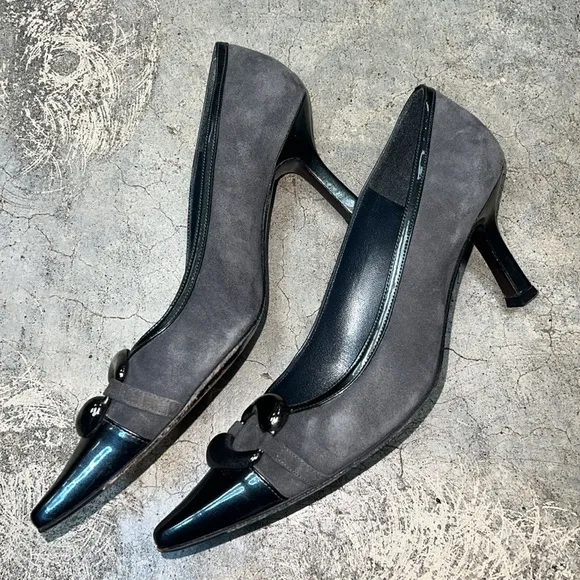 Stuart Weitzman, charcoal suede, and Patent pumps