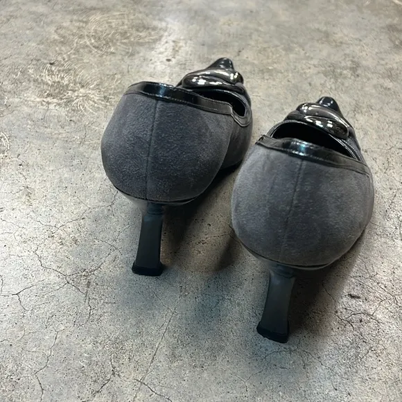 Stuart Weitzman, charcoal suede, and Patent pumps