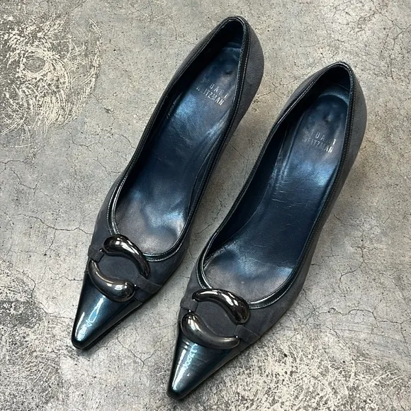 Stuart Weitzman, charcoal suede, and Patent pumps