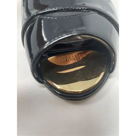 Stuart Weitzman Patent Leather Black Peep Toe Gold Logo Heels size 8.5 EUC