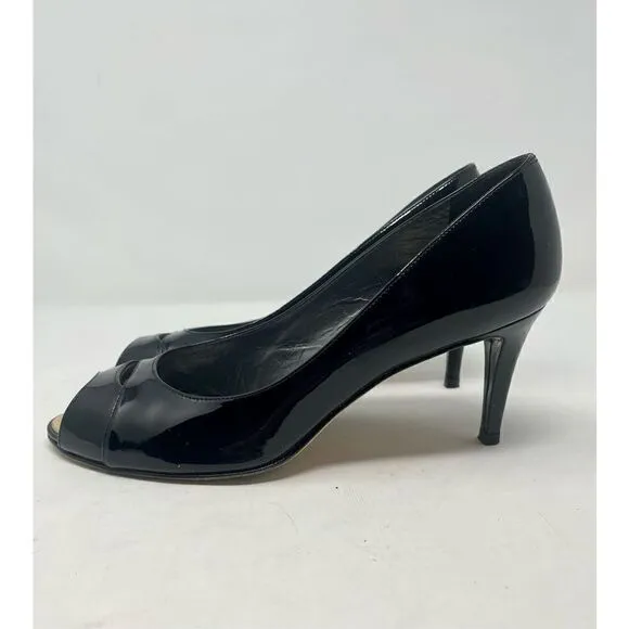 Stuart Weitzman Patent Leather Black Peep Toe Gold Logo Heels size 8.5 EUC