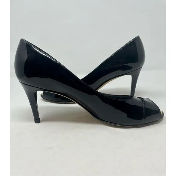 Stuart Weitzman Patent Leather Black Peep Toe Gold Logo Heels size 8.5 EUC