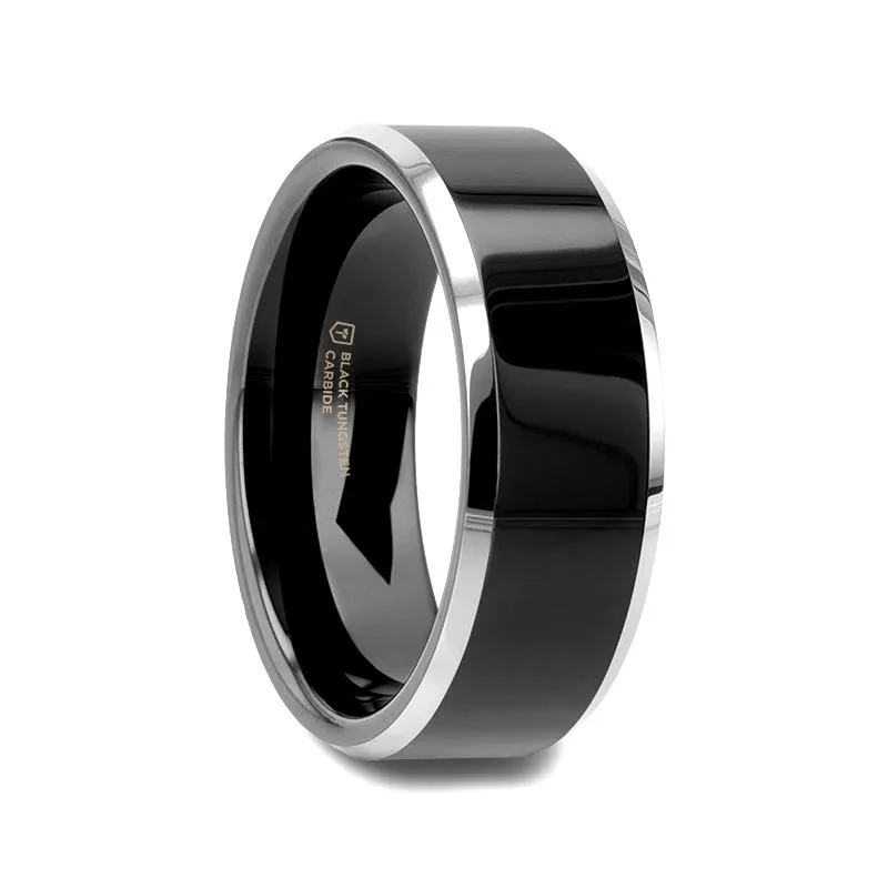 Thorsten MACLAREN Black Polish Finished Center Tungsten Wedding Band with Polished Gray Tungsten Beveled Edges - 4mm 6mm or 8mm