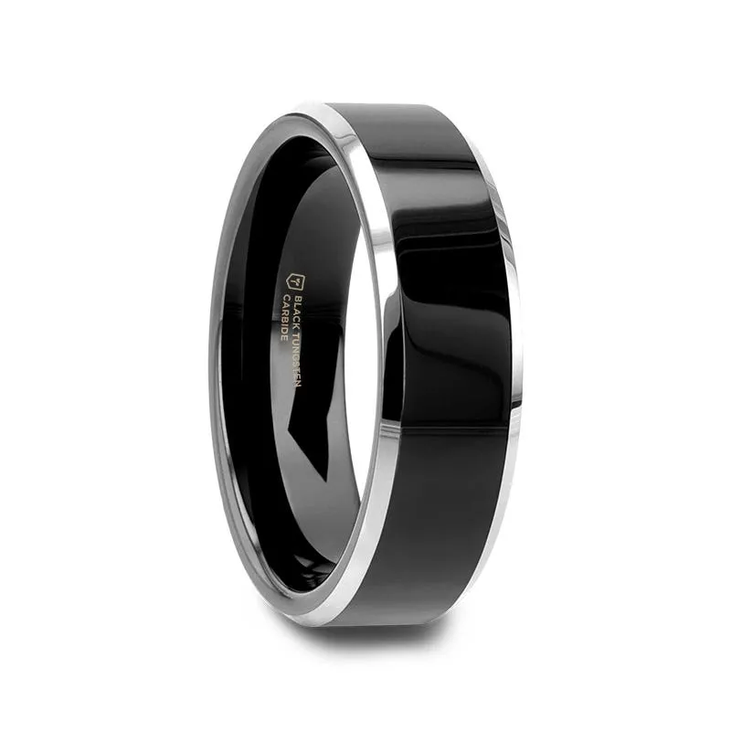Thorsten MACLAREN Black Polish Finished Center Tungsten Wedding Band with Polished Gray Tungsten Beveled Edges - 4mm 6mm or 8mm