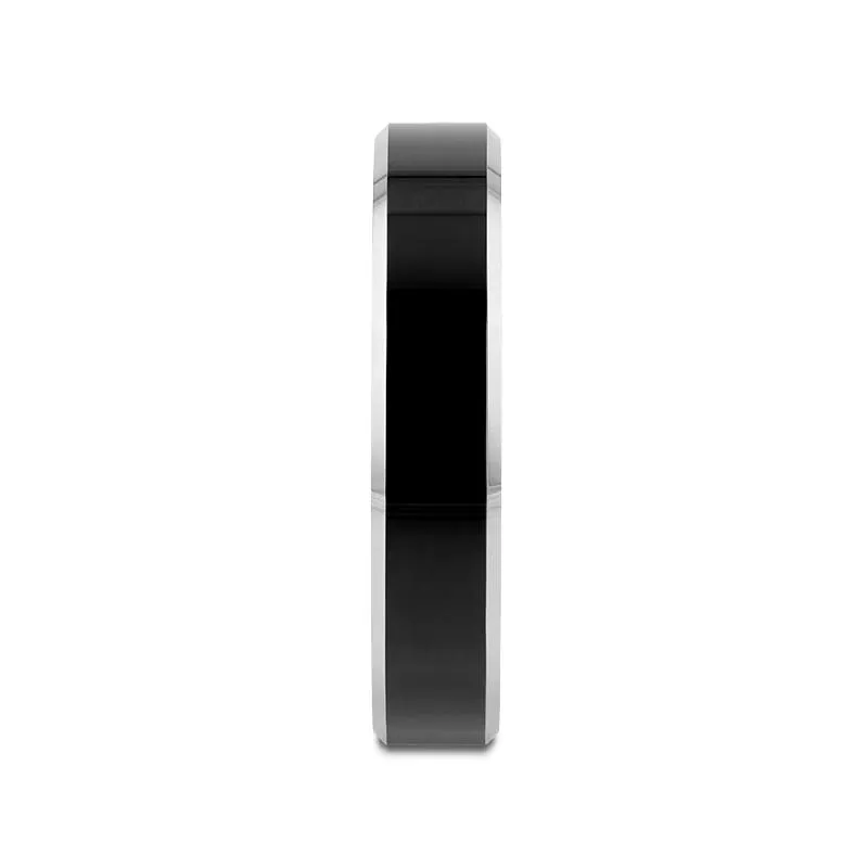 Thorsten MACLAREN Black Polish Finished Center Tungsten Wedding Band with Polished Gray Tungsten Beveled Edges - 4mm 6mm or 8mm