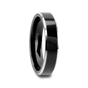 Thorsten MACLAREN Black Polish Finished Center Tungsten Wedding Band with Polished Gray Tungsten Beveled Edges - 4mm 6mm or 8mm