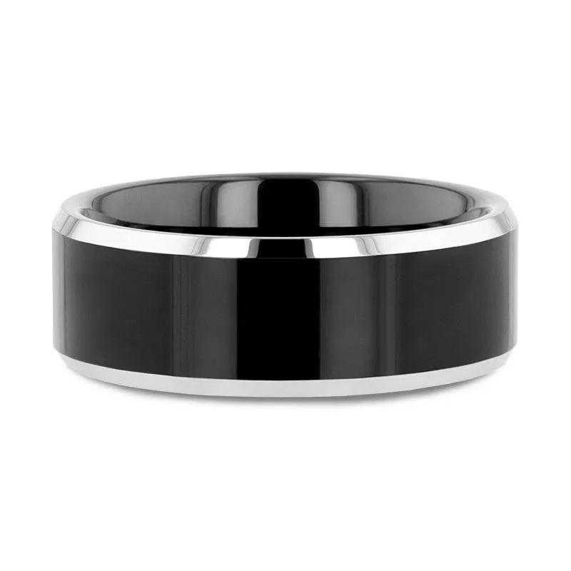 Thorsten MACLAREN Black Polish Finished Center Tungsten Wedding Band with Polished Gray Tungsten Beveled Edges - 4mm 6mm or 8mm