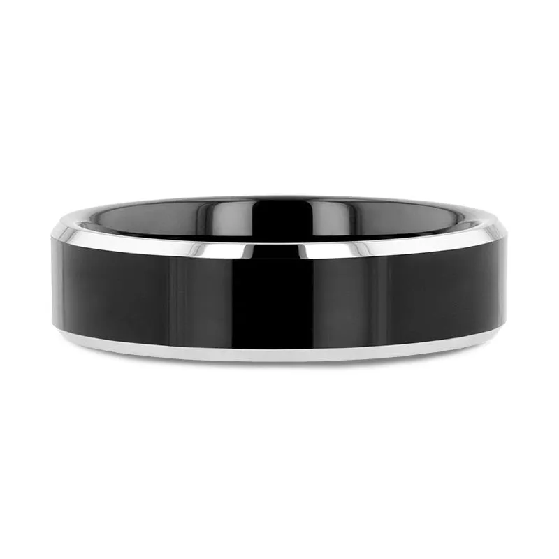 Thorsten MACLAREN Black Polish Finished Center Tungsten Wedding Band with Polished Gray Tungsten Beveled Edges - 4mm 6mm or 8mm