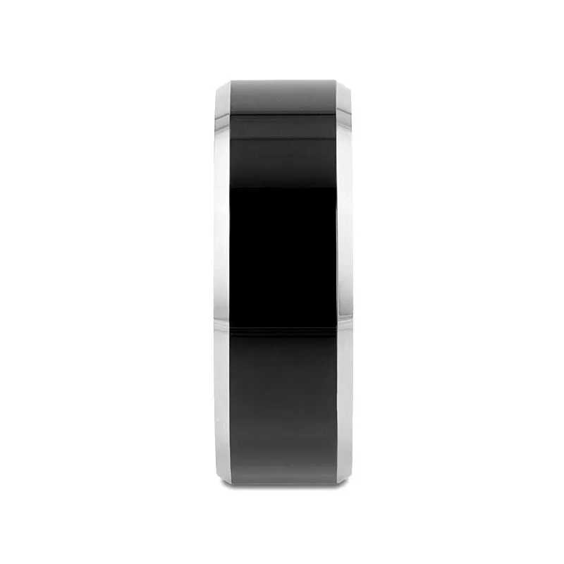 Thorsten MACLAREN Black Polish Finished Center Tungsten Wedding Band with Polished Gray Tungsten Beveled Edges - 4mm 6mm or 8mm