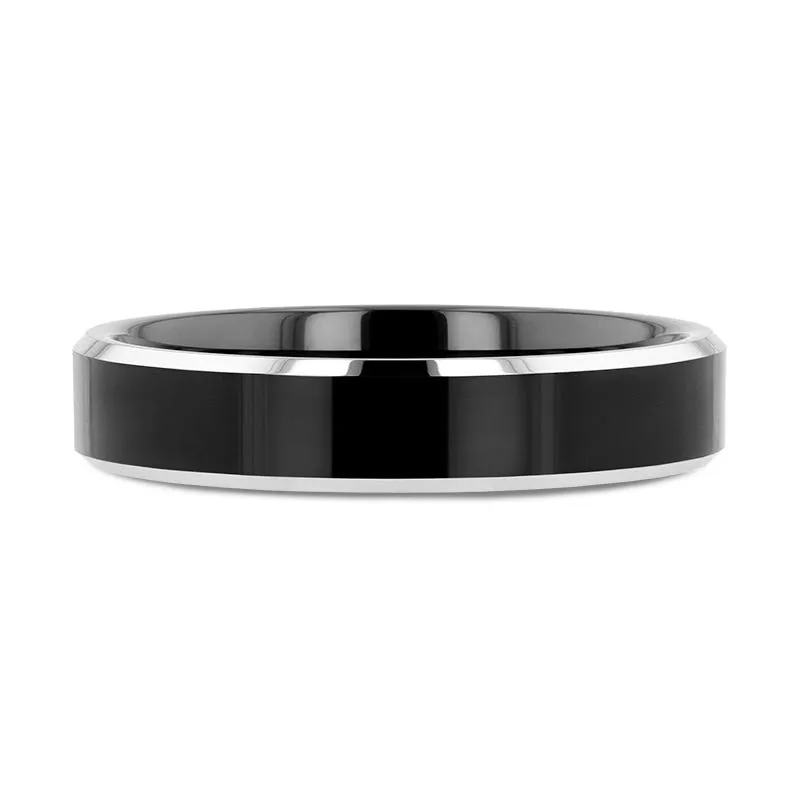 Thorsten MACLAREN Black Polish Finished Center Tungsten Wedding Band with Polished Gray Tungsten Beveled Edges - 4mm 6mm or 8mm