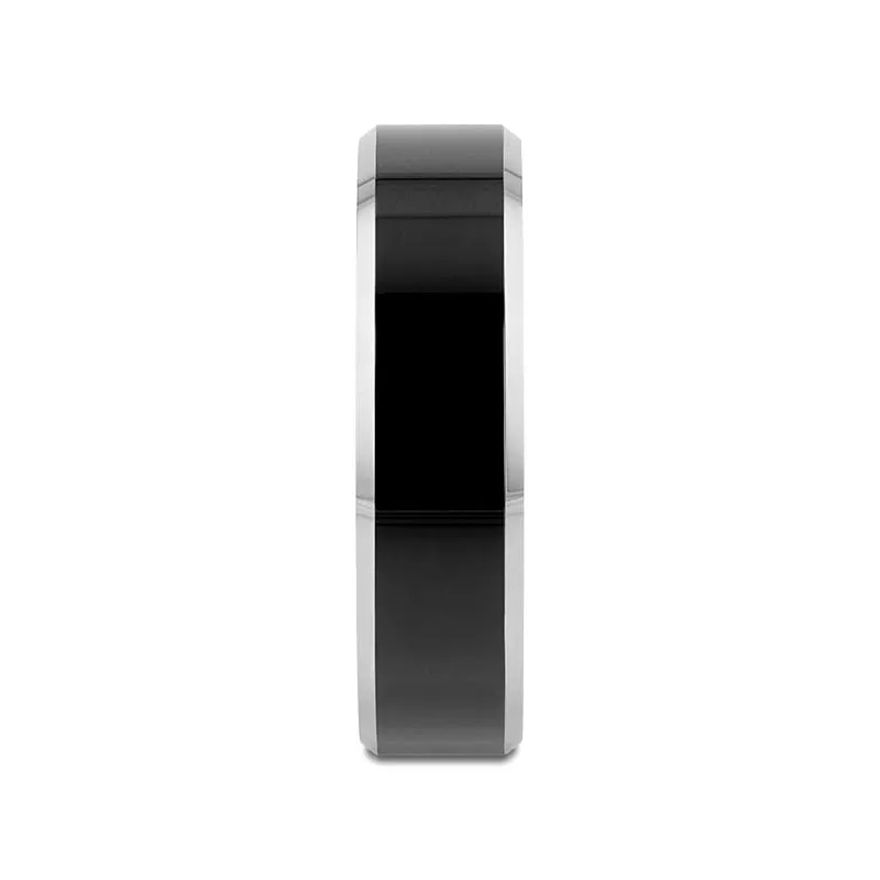 Thorsten MACLAREN Black Polish Finished Center Tungsten Wedding Band with Polished Gray Tungsten Beveled Edges - 4mm 6mm or 8mm