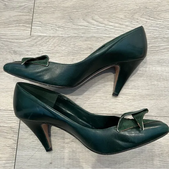 VERSANI Heels Pumps Leather &amp; Suede Forrest Green Origami Bow 6B Vintage​
