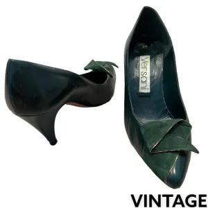 VERSANI Heels Pumps Leather &amp; Suede Forrest Green Origami Bow 6B Vintage​