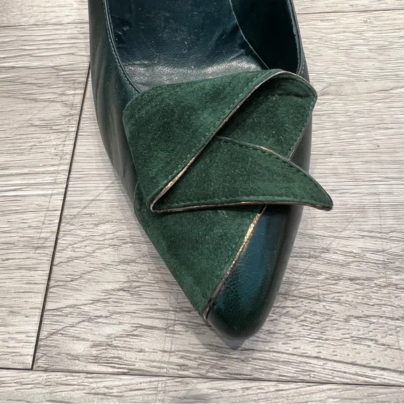 VERSANI Heels Pumps Leather &amp; Suede Forrest Green Origami Bow 6B Vintage​