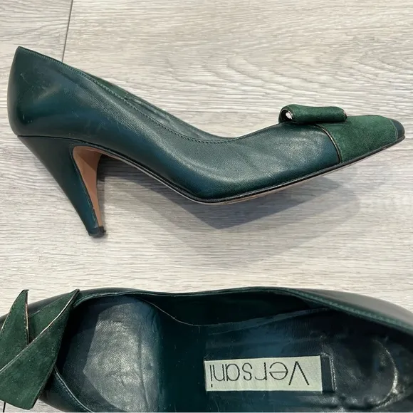 VERSANI Heels Pumps Leather &amp; Suede Forrest Green Origami Bow 6B Vintage​