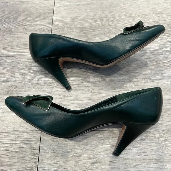 VERSANI Heels Pumps Leather &amp; Suede Forrest Green Origami Bow 6B Vintage​
