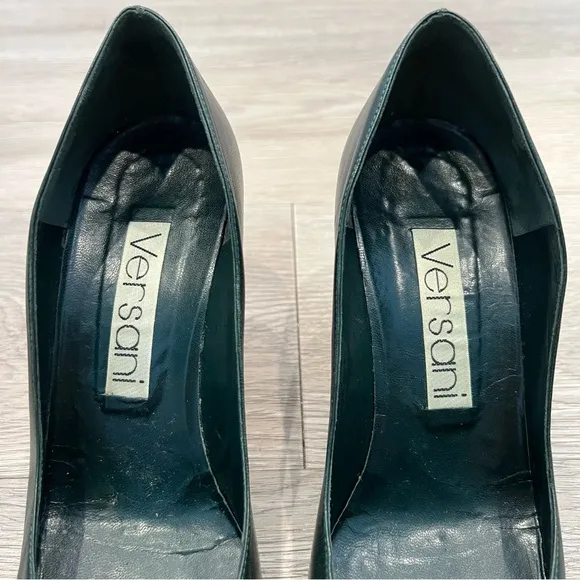 VERSANI Heels Pumps Leather &amp; Suede Forrest Green Origami Bow 6B Vintage​