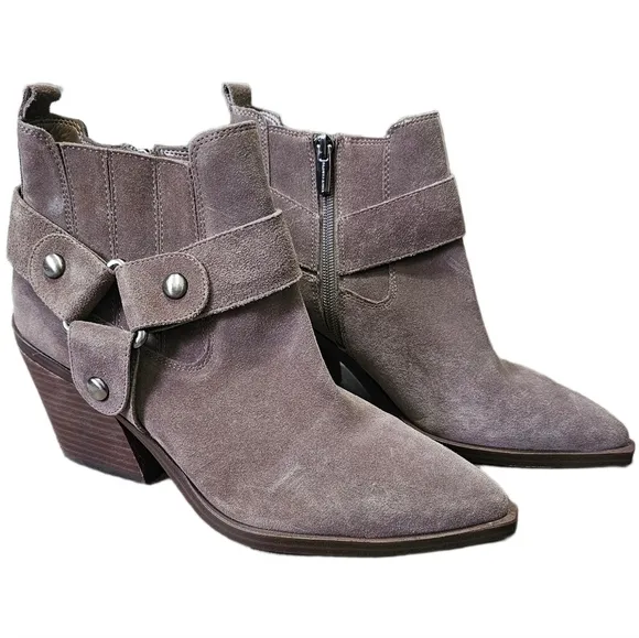 Vince Camuto suede moto boho western grey brown ankle boots cuban heel size 8.5