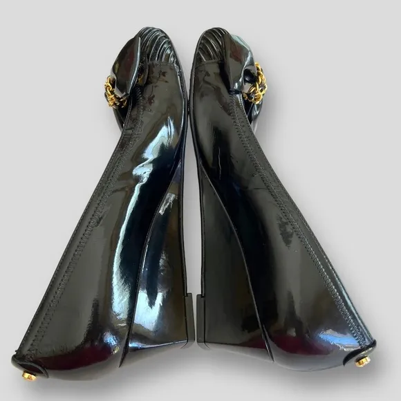 Vintage Stuart Weitzman Patent Leather Bow Wedge Pumps Black Women's