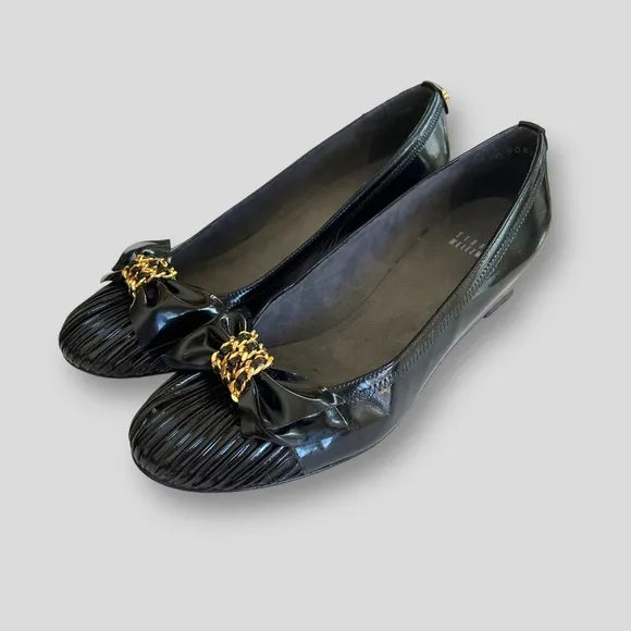 Vintage Stuart Weitzman Patent Leather Bow Wedge Pumps Black Women's