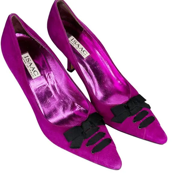 Vintage Y2K Isaac Mizrahi Suede Heels Pointed Toe Ribbon Trim Purple Black 9.5