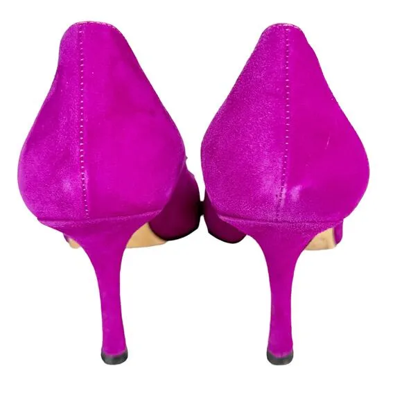 Vintage Y2K Isaac Mizrahi Suede Heels Pointed Toe Ribbon Trim Purple Black 9.5