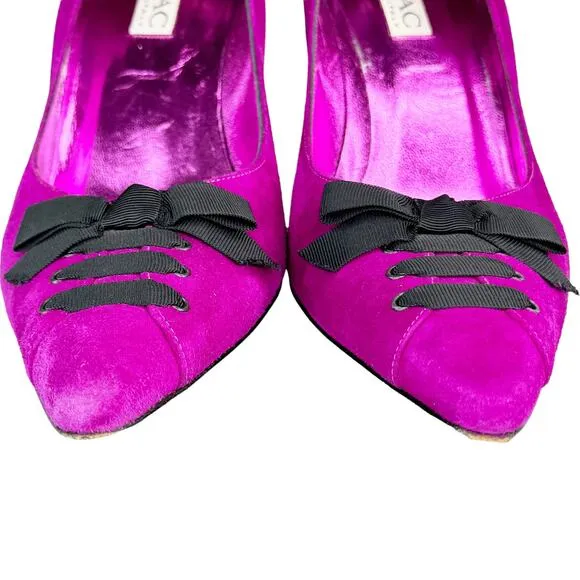 Vintage Y2K Isaac Mizrahi Suede Heels Pointed Toe Ribbon Trim Purple Black 9.5