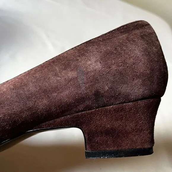 Vintage 90s Brown Suede Pumps Pointed Toe Slip On Kitten Heel Women’s 10