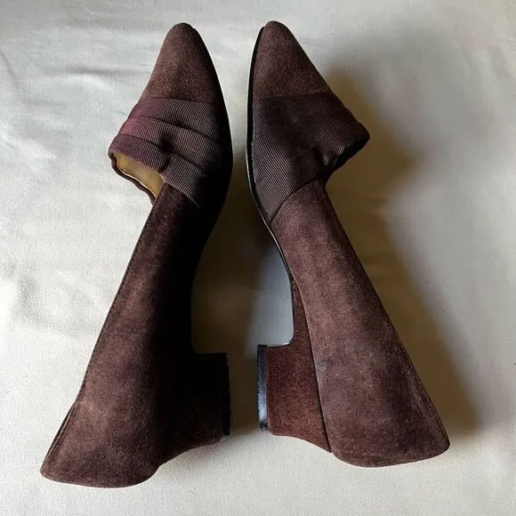 Vintage 90s Brown Suede Pumps Pointed Toe Slip On Kitten Heel Women’s 10