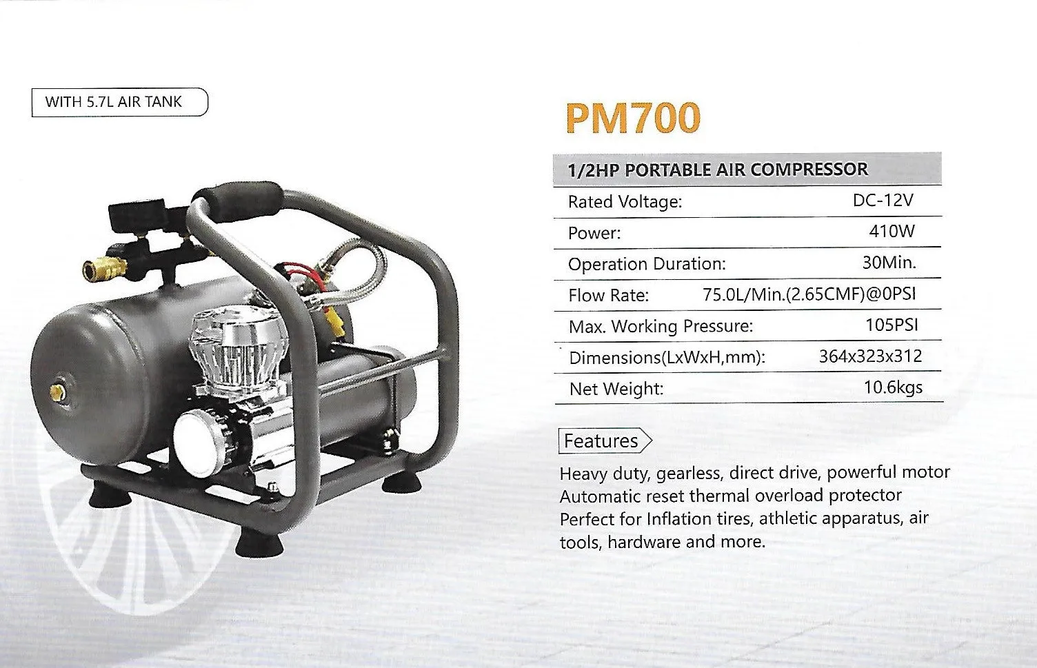 Volcano - 1/2HP DC12V Air Compressor with 5.7L Air Tank (PM700) - RVOD