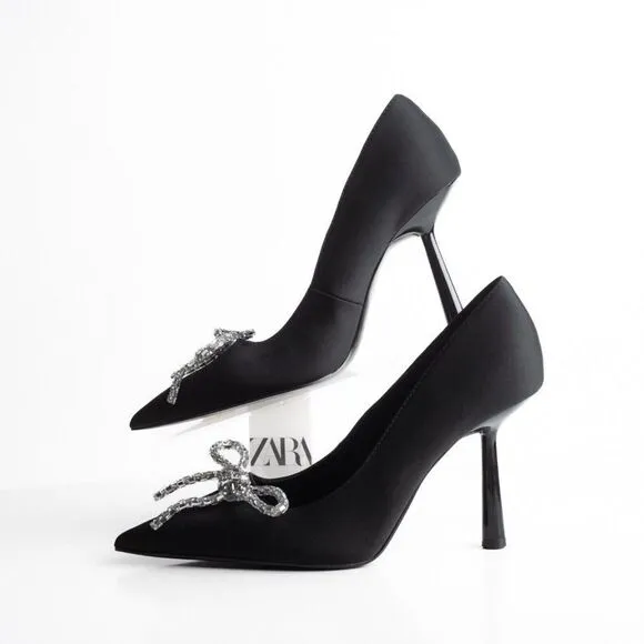 Zara Womens Rhinestone Bow Pointed Heels Pumps Black US 10 EU 41 NWT 2247/010