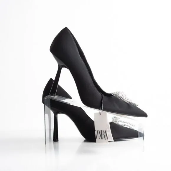 Zara Womens Rhinestone Bow Pointed Heels Pumps Black US 10 EU 41 NWT 2247/010