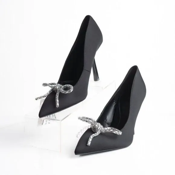 Zara Womens Rhinestone Bow Pointed Heels Pumps Black US 10 EU 41 NWT 2247/010