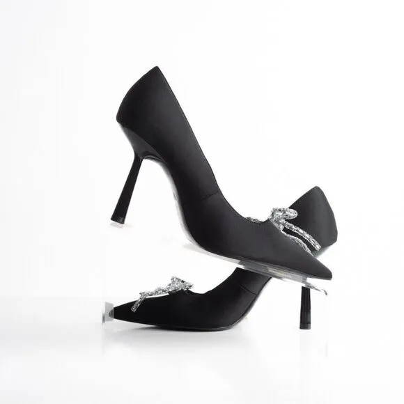 Zara Womens Rhinestone Bow Pointed Heels Pumps Black US 10 EU 41 NWT 2247/010