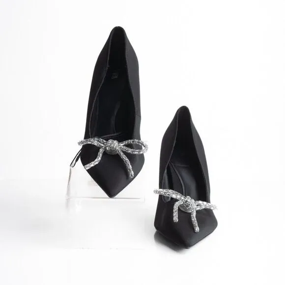 Zara Womens Rhinestone Bow Pointed Heels Pumps Black US 10 EU 41 NWT 2247/010