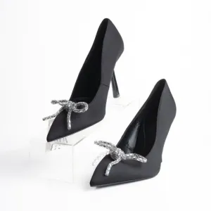 Zara Womens Rhinestone Bow Pointed Heels Pumps Black US 10 EU 41 NWT 2247/010